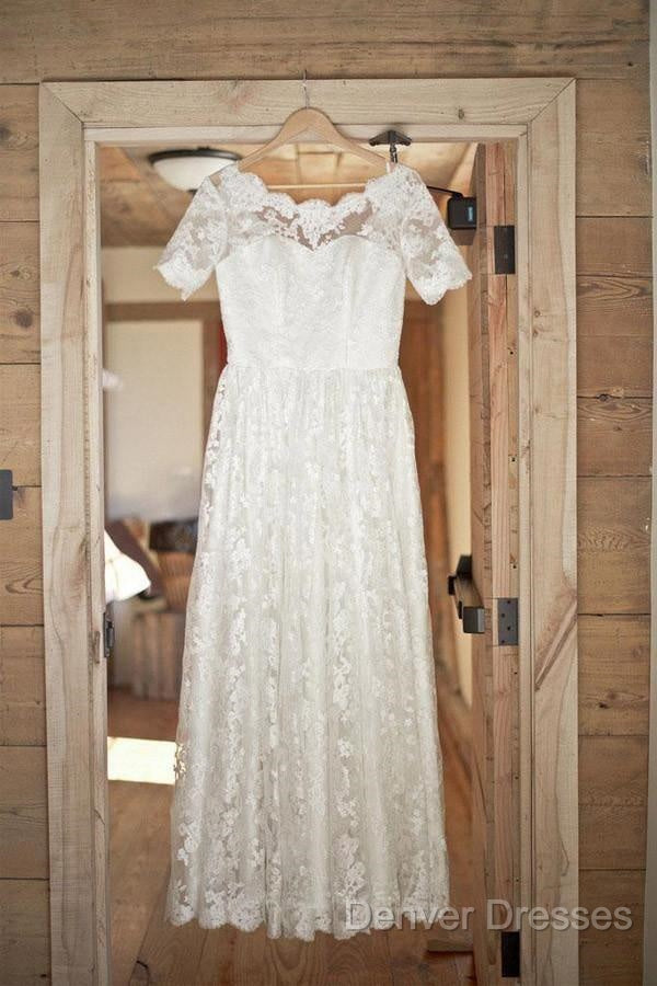 Boat Neck Short Sleeve Vintage Lace Floor Length Ivory Wedding Dress Secondary image