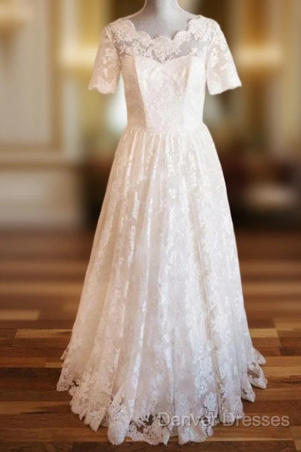 Boat Neck Short Sleeve Vintage Lace Floor Length Ivory Wedding Dress Main image