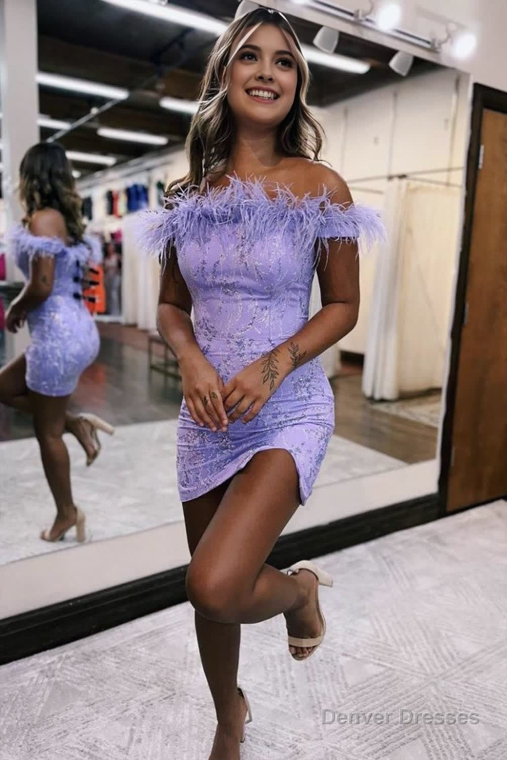 Bodycon Charming Lilac Off The Shoulder Homecoming Dress With Feather Secondary image