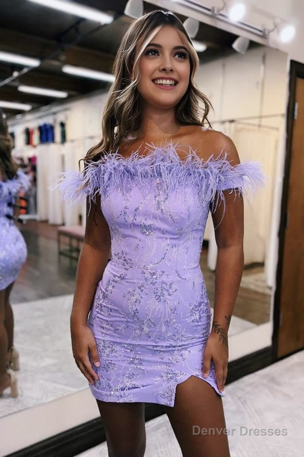 Bodycon Charming Lilac Off The Shoulder Homecoming Dress With Feather Main image