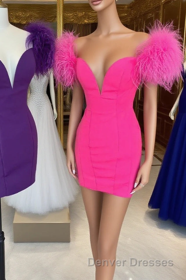 Bodycon Deep V Neck Purple Short Homecoming Dress with Feather Main image