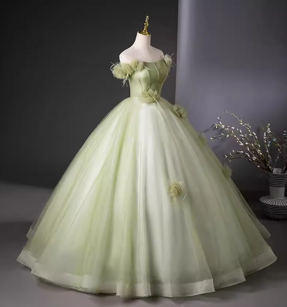 Bohemian Green Strapless Feather Floral Tulle Ball Gown Evening Dress Sweet 16 Dress Secondary image