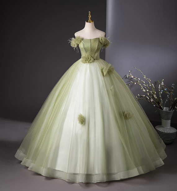 Bohemian Green Strapless Feather Floral Tulle Ball Gown Evening Dress Sweet 16 Dress