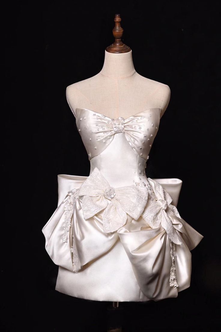 Bow Ivory A Line Sweetheart Neck Lace Satin Mini Homecoming Dress Cocktail Dress Main image