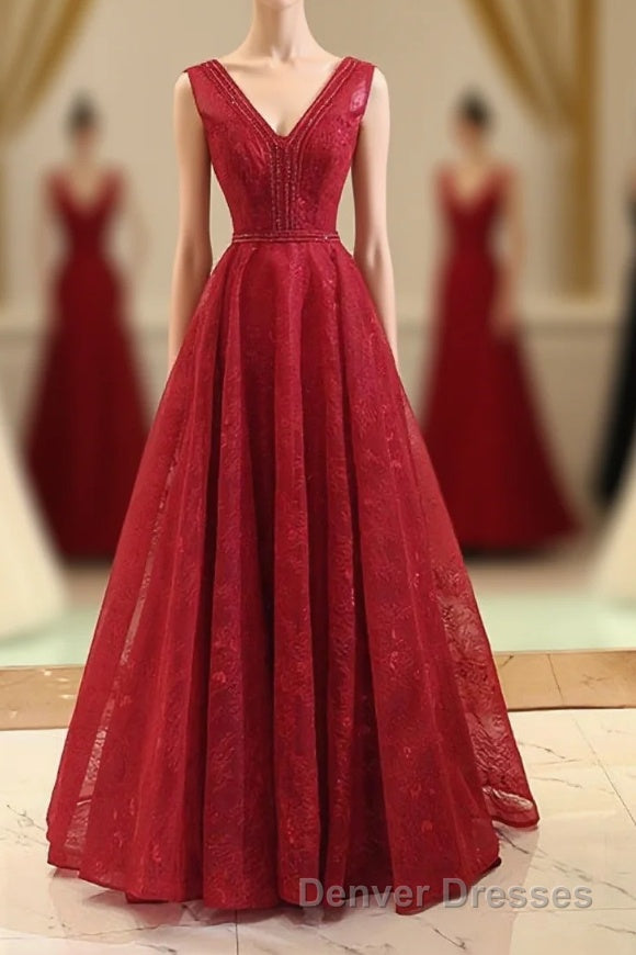 Burgundy V Neck Lace Long Prom Gown Burgundy Evening Dress Main image