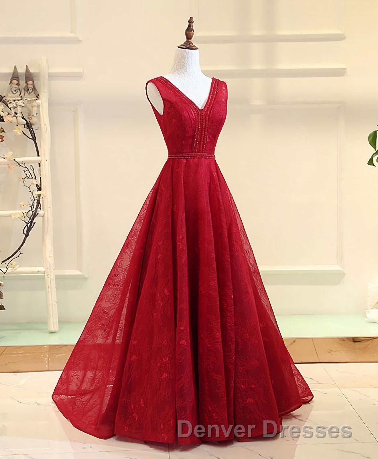 Burgundy V Neck Lace Long Prom Gown Burgundy Evening Dress Secondary image