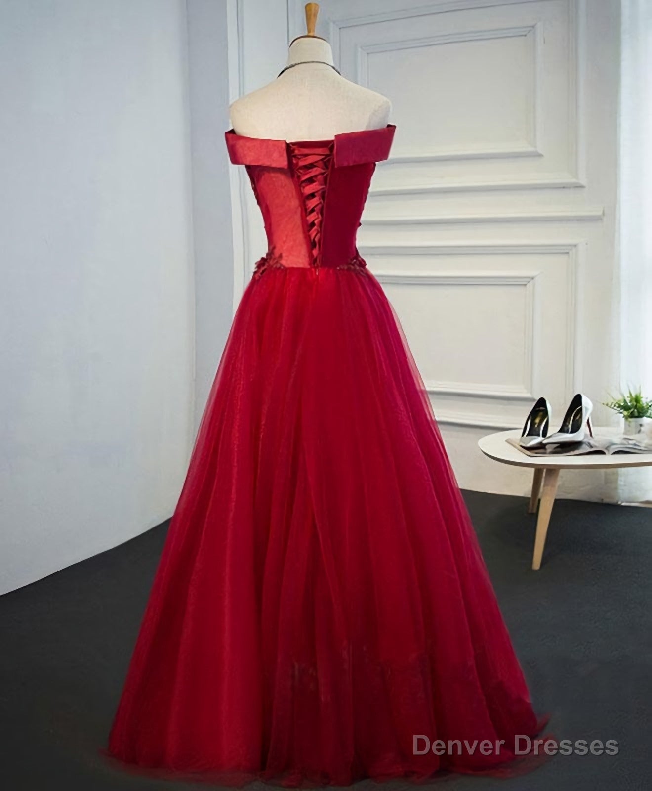 Burgundy Lace Tulle Long Prom Dress, Off Shoulder Evening Dress Secondary image