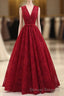 Burgundy V Neck Lace Long Prom Dress, Burgundy Evening Dress