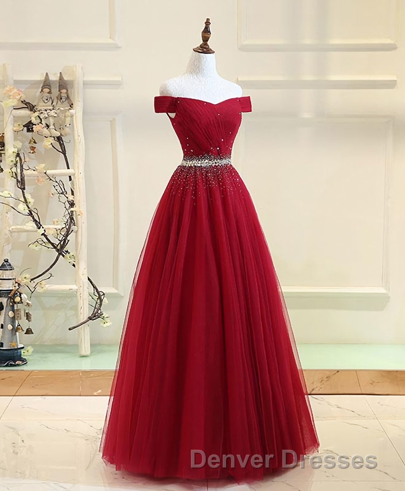 Burgundy Tulle Off Shoulder Long Prom Dress, Burgundy Evening Dress Secondary image