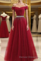 Burgundy Tulle Off Shoulder Long Prom Dress, Burgundy Evening Dress