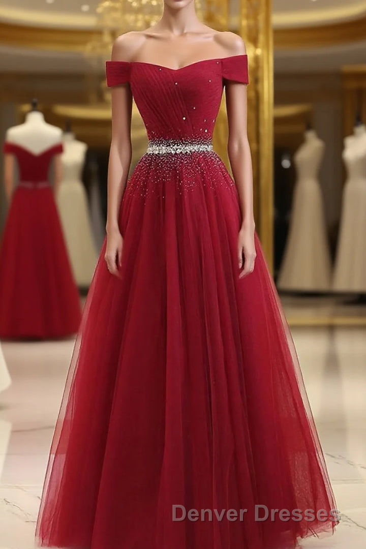 Burgundy Tulle Off Shoulder Long Prom Dress, Burgundy Evening Dress