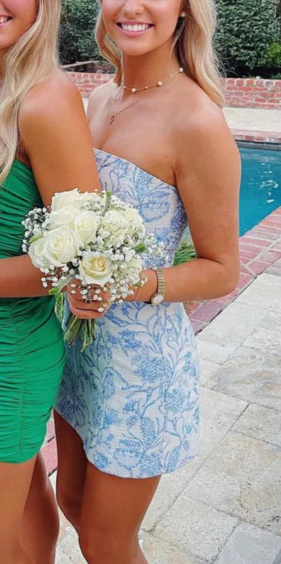 Bravo Floral Print Homecoming Dress Strapless Mini Party Gown,