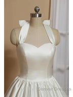 Bridal Shower Little White Dress Wedding Dress Tea Length A-Line Sleeveless Halter Satin With Bow(S) Pleats