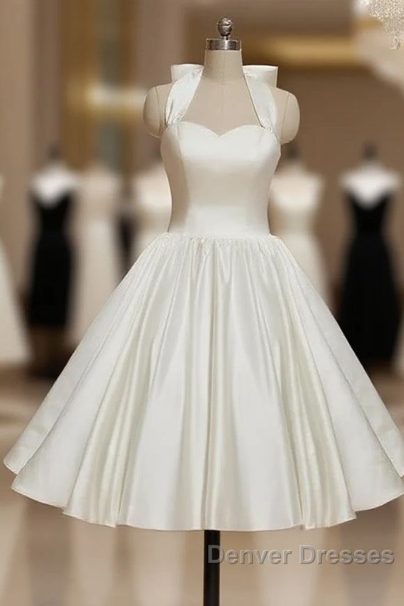 Bridal Shower Little White Dress Wedding Dress Tea Length A-Line Sleeveless Halter Satin With Bow(S) Pleats