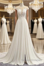 Front Slit Appliques Chiffon A-line Wedding Dress