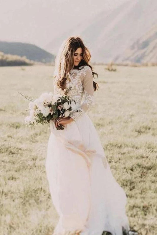 Long Sleeve Lace Floor Length Boho Wedding Dress