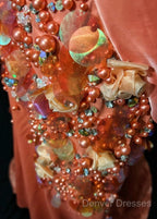 Bright Orange Mermaid V-Neck Satin Beaded Long Prom Dress Sequined Evening Gown