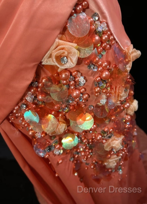 Bright Orange Mermaid V-Neck Satin Beaded Long Prom Dress Sequined Evening Gown