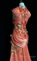 Bright Orange Mermaid V-Neck Satin Beaded Long Prom Dress Sequined Evening Gown