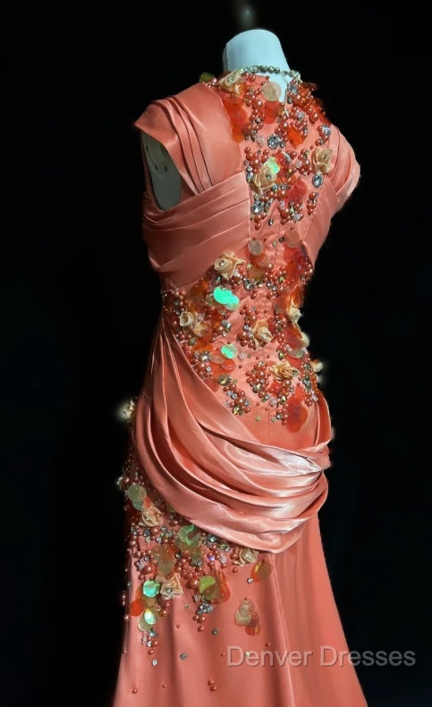 Bright Orange Mermaid V-Neck Satin Beaded Long Prom Dress Sequined Evening Gown