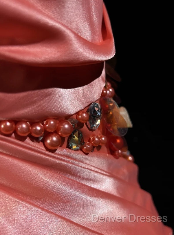 Bright Orange Mermaid V-Neck Satin Beaded Long Prom Dress Sequined Evening Gown