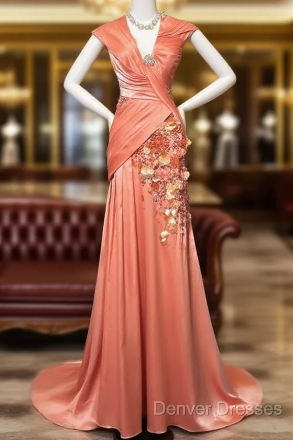 Bright Orange Mermaid V-Neck Satin Beaded Long Prom Dress Sequined Evening Gown