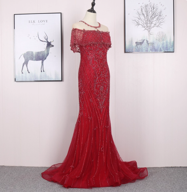 Bright Red Mermaid Crew Neck Beaded Tulle Train Prom Dress Evening Dress