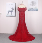 Bright Red Mermaid Crew Neck Beaded Tulle Train Prom Dress Evening Dress