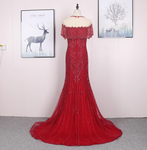 Bright Red Mermaid Crew Neck Beaded Tulle Train Prom Dress Evening Dress