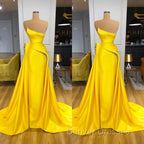 Bright Yellow Strapless Metallic Sequin Overskirt Prom Dress