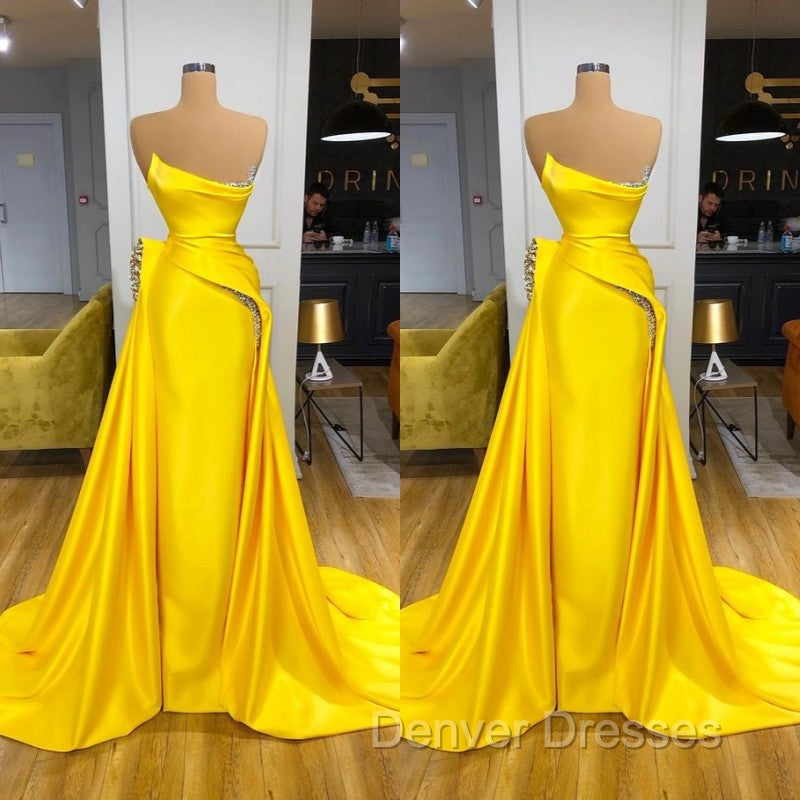 Bright Yellow Strapless Metallic Sequin Overskirt Prom Dress