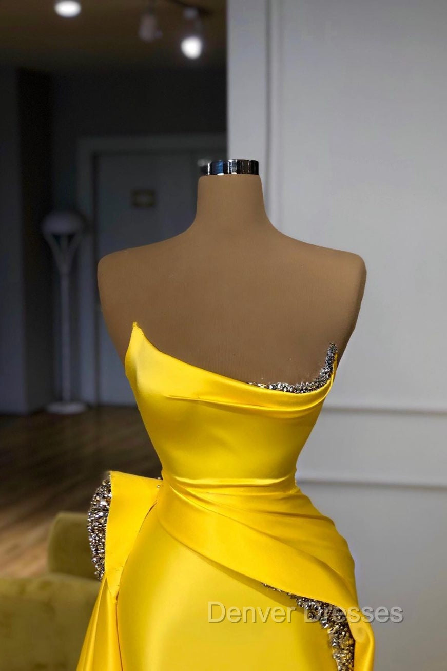 Bright Yellow Strapless Metallic Sequin Overskirt Prom Dress