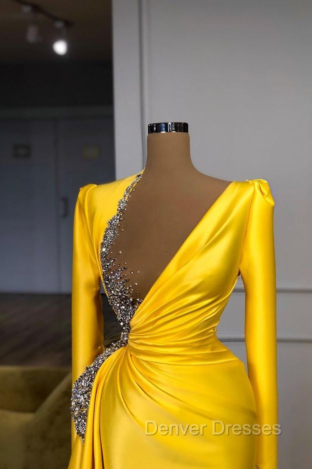 Bright Yellow V-neck Metallic Sequin Long sleeves Prom Dress Secondary image