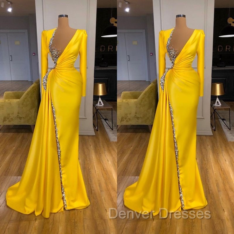 Bright Yellow V-neck Metallic Sequin Long sleeves Prom Dress