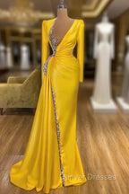 Bright Yellow V-neck Metallic Sequin Long sleeves Prom Dress