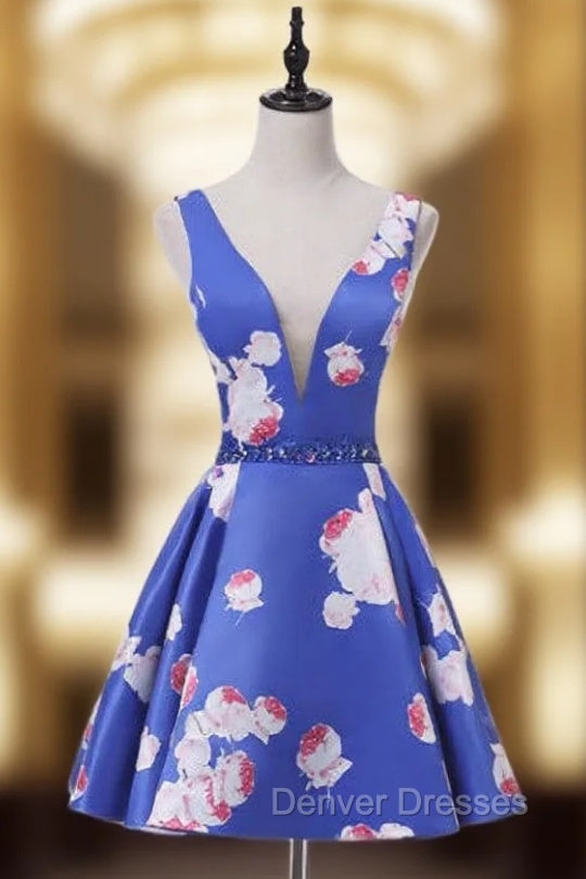 Brilliant Blue Print Homecoming Dress With Plunge V Neckline Main image