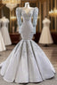 Brilliant Silver Gray Mermaid Satin Long Sleeve Appliques Beading Prom Dress
