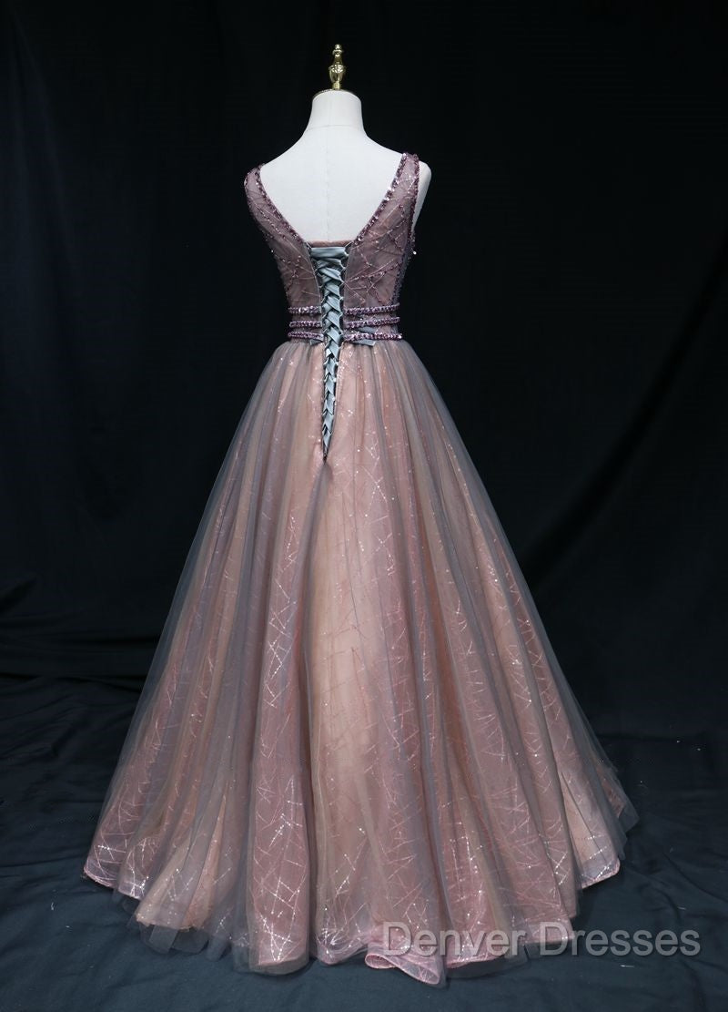 Brown A-Line Tulle Long Formal Dress Features Plunge Neck With Mesh Insert Prom Dress, Secondary image