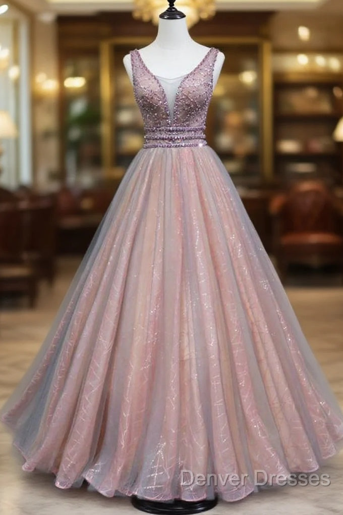 Brown A-Line Tulle Long Formal Dress Features Plunge Neck With Mesh Insert Prom Dress, Main image