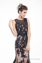 Brown And Black Memraid Appliques Backless Prom Dresses With Sash