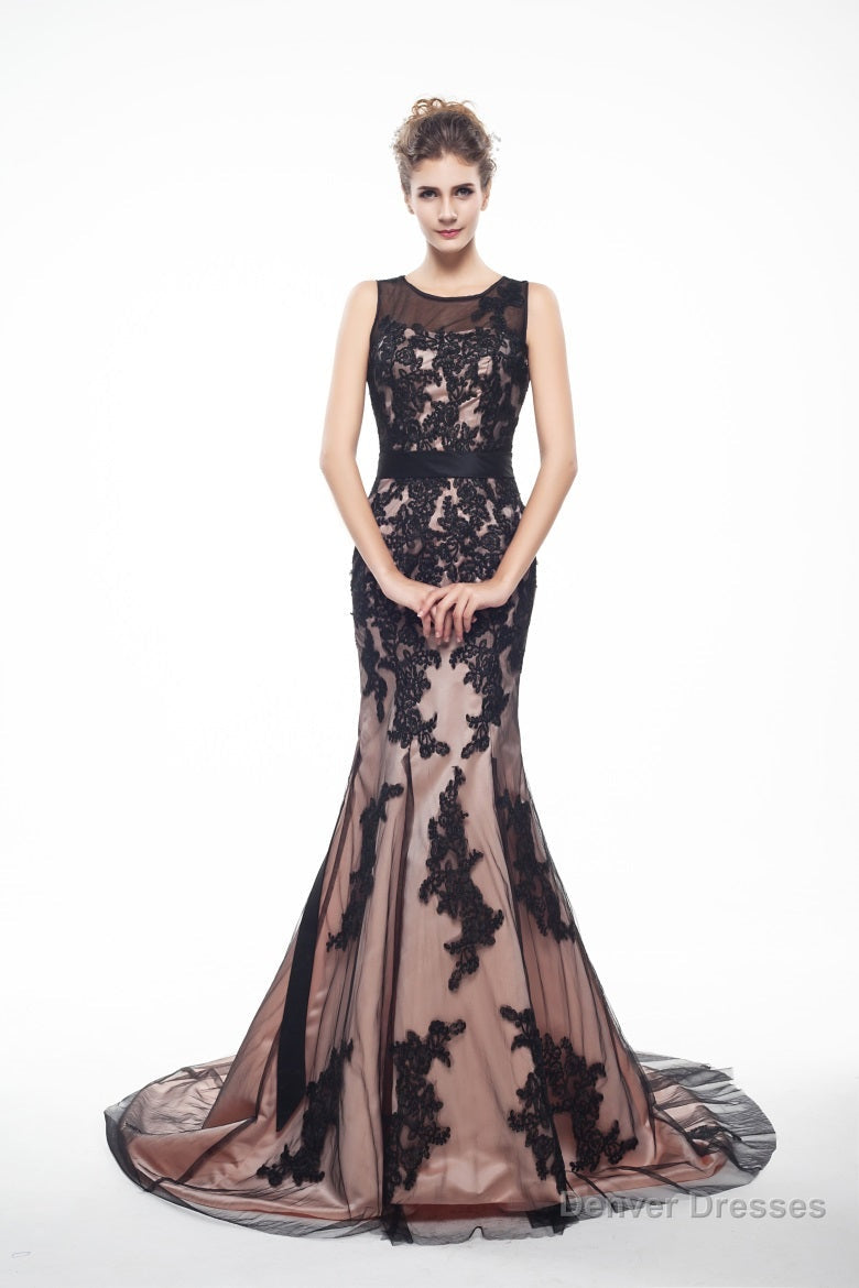 Brown And Black Memraid Appliques Backless Prom Dresses With Sash Main image