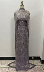 Brown Beading Prom Dress Sweep Train High Neck Zipper Sleeveless Evening Dress