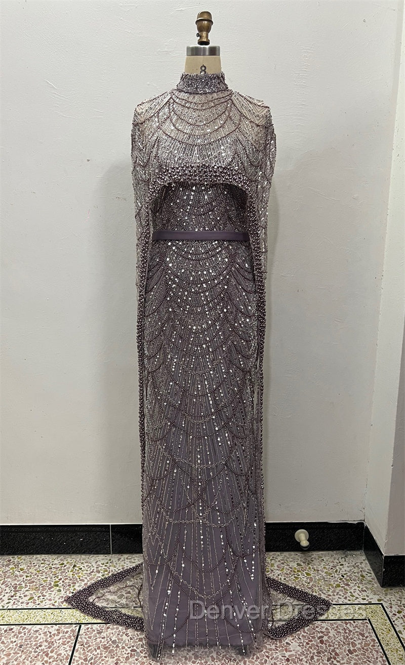 Brown Beading Prom Dress Sweep Train High Neck Zipper Sleeveless Evening Dress