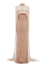 Brown Beading Prom Dress Sweep Train High Neck Zipper Sleeveless Evening Dress