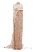 Brown Beading Prom Dress Sweep Train High Neck Zipper Sleeveless Evening Dress