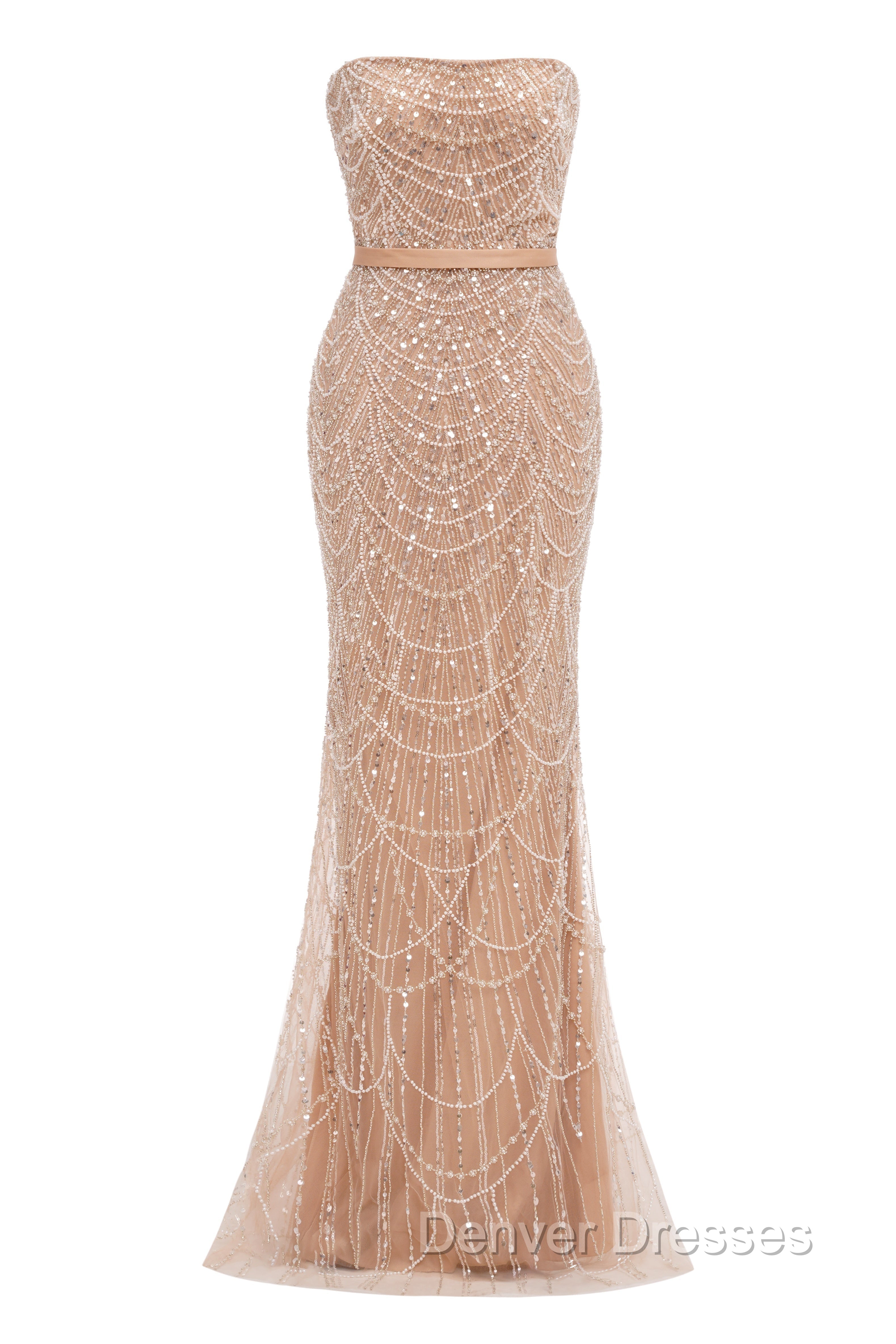 Brown Beading Prom Dress Sweep Train High Neck Zipper Sleeveless Evening Dress