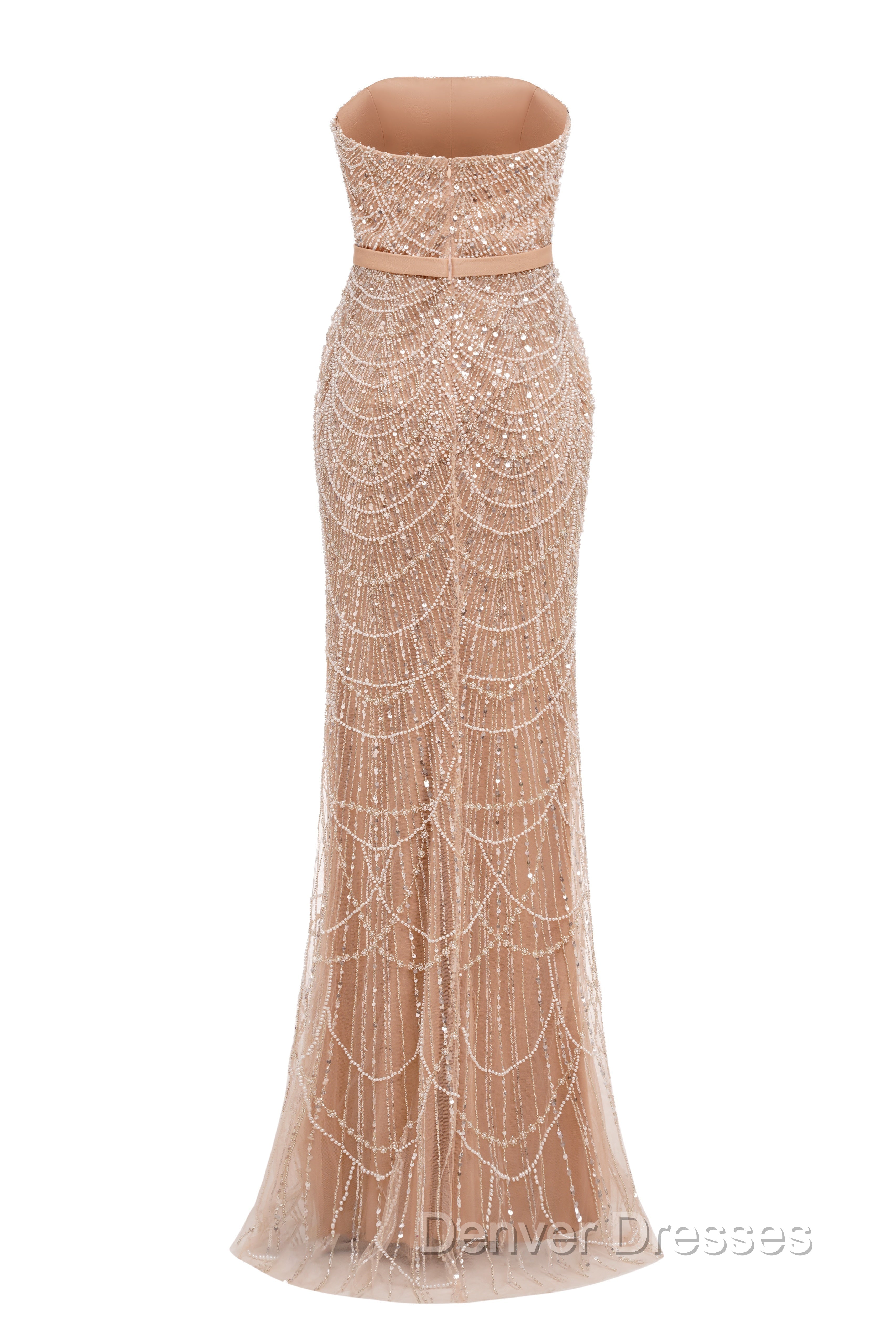 Brown Beading Prom Dress Sweep Train High Neck Zipper Sleeveless Evening Dress