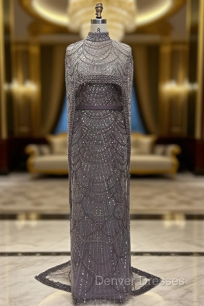 Brown Beading Prom Dress Sweep Train High Neck Zipper Sleeveless Evening Dress