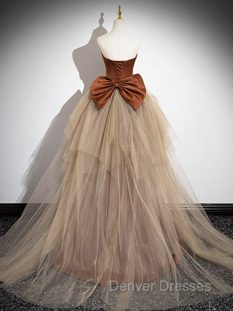 Brown Mermaid Satin Tulle Long Prom Dress, Brown Long Evening Dress Secondary image