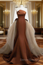 Brown Mermaid Satin Tulle Long Prom Dress, Brown Long Evening Dress